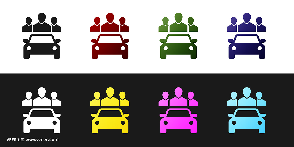 设置汽车共享与一组人的图标隔离在黑白背景。车的迹象。运输租赁服务理念。矢量图